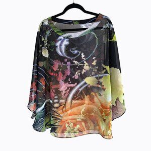 Black Batwing Flowy Floral Chiffon Blouse Sheer Ethereal Y2K Boho Fairy Sz L/XL